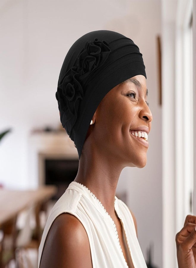 XEPST 4 Pieces Chemo Headwear for Women, Turbans Cap Beanie Hat Head Wraps Hair Coverings for Women, Women's Sleep Caps Chemo Cancer Hat with Flower Design - Image 4